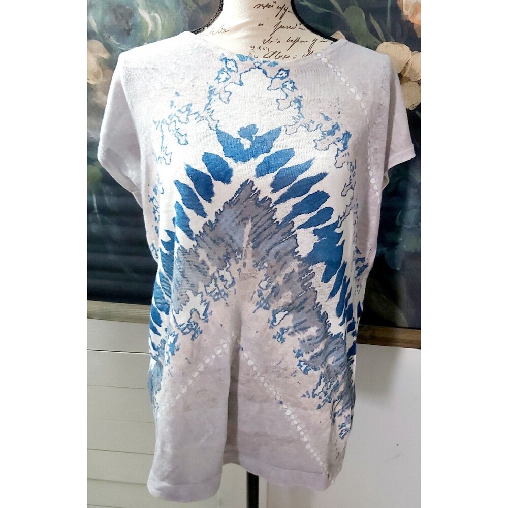 KINROSS 100% Linen Top Small White Blue Gray Beach Travel Vacation Coastal